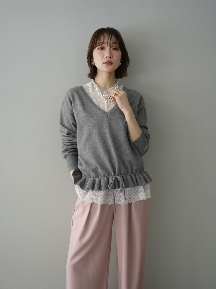 [予約]レーストップ＆フリルニットアンサンブル/gray