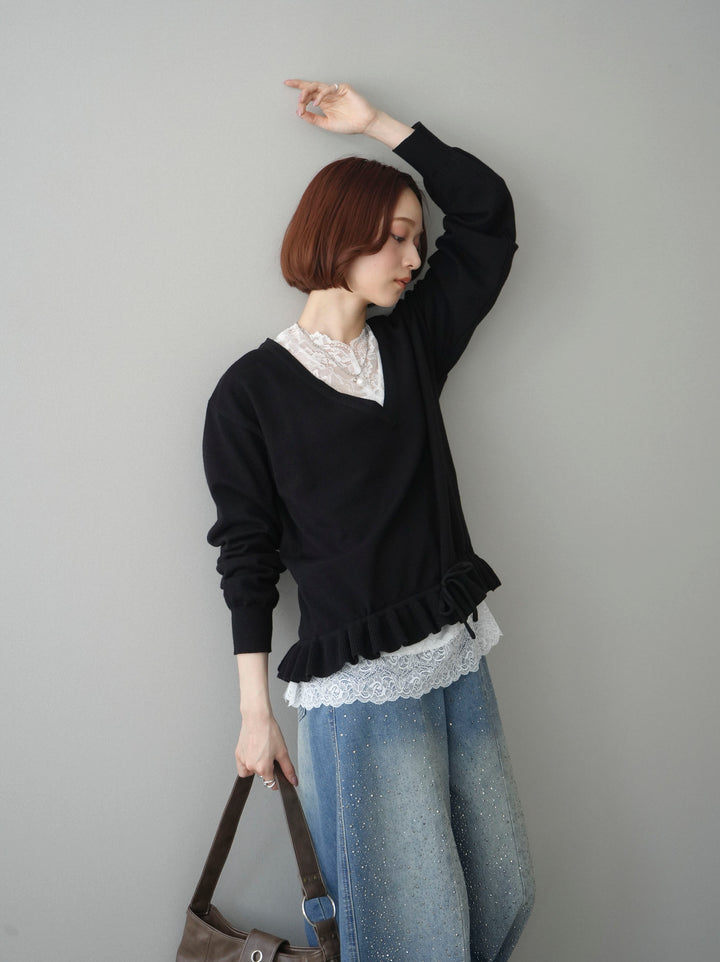 [SET]レーストップ＆フリルニットアンサンブル+フロントビジューカーブデニムパンツ(2set)