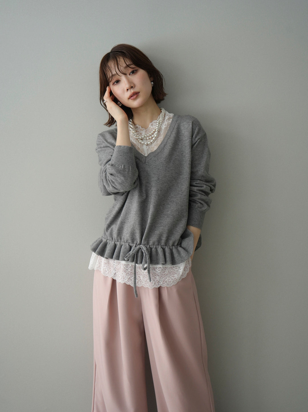 [予約]レーストップ＆フリルニットアンサンブル/gray