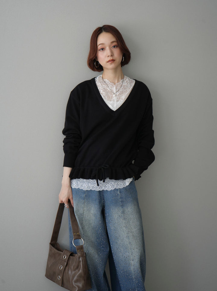 [SET]レーストップ＆フリルニットアンサンブル+フロントビジューカーブデニムパンツ(2set)