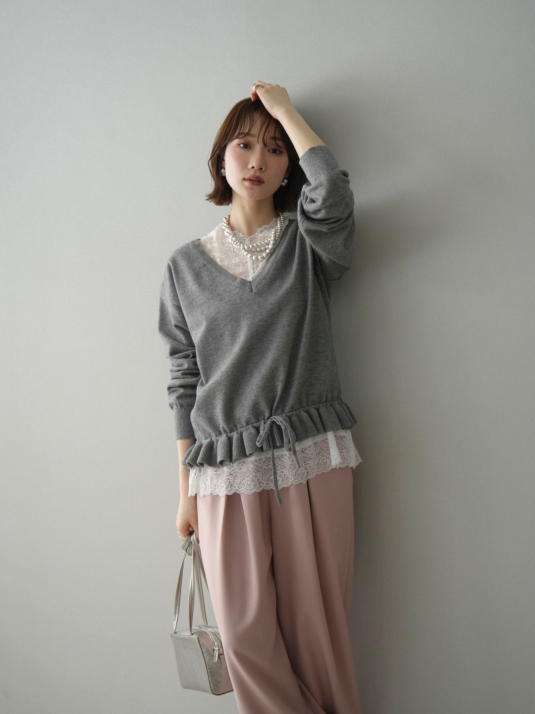 [SET]レーストップ＆フリルニットアンサンブル+ベルト付キーホルダーモチーフワイドパンツ(2set)