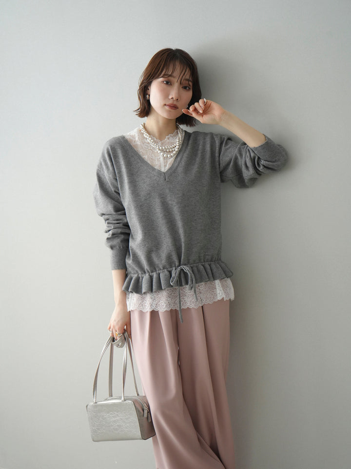[予約]レーストップ＆フリルニットアンサンブル/gray
