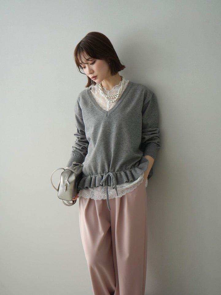 [予約]レーストップ＆フリルニットアンサンブル/gray