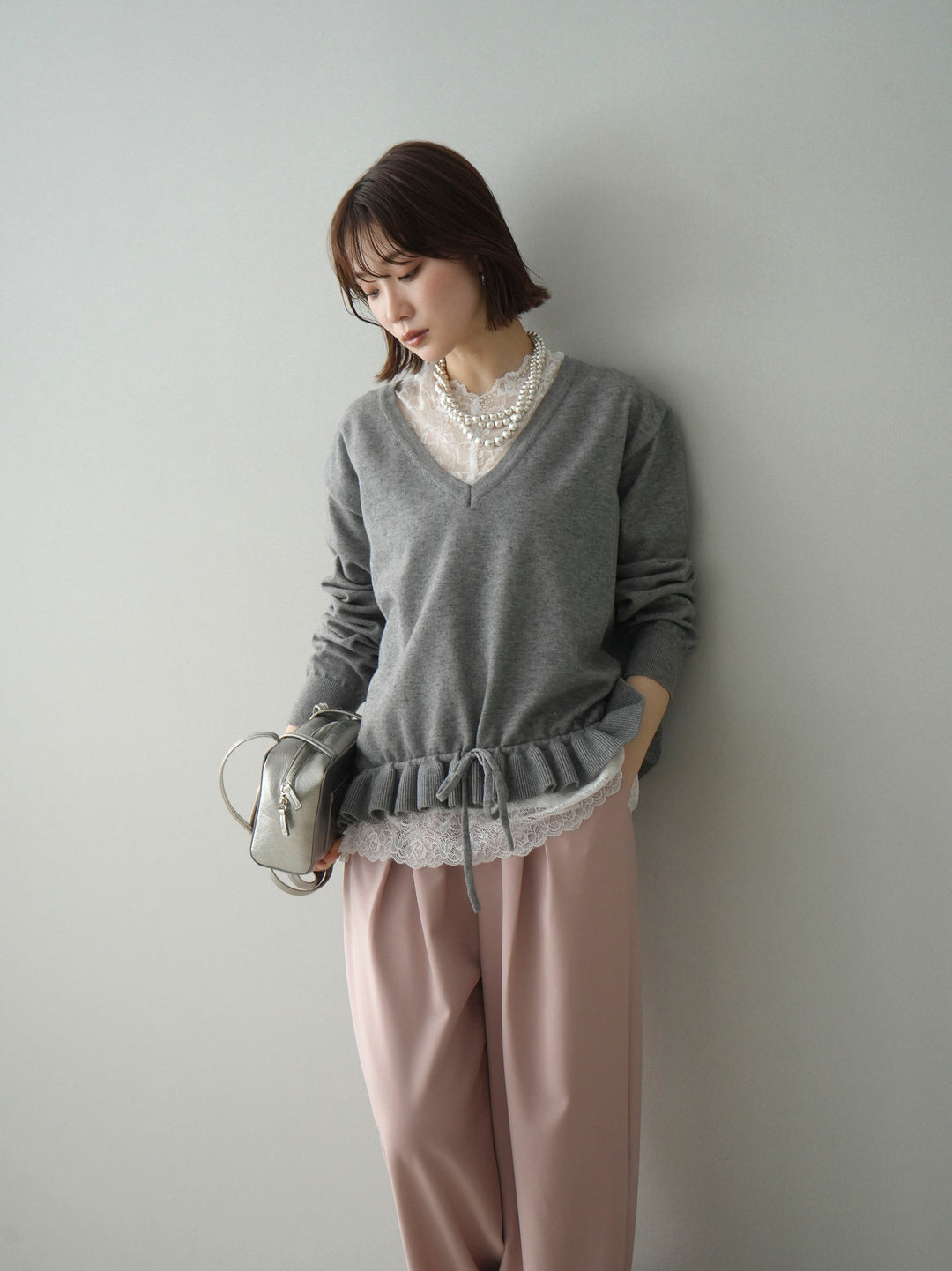 [予約]レーストップ＆フリルニットアンサンブル/gray