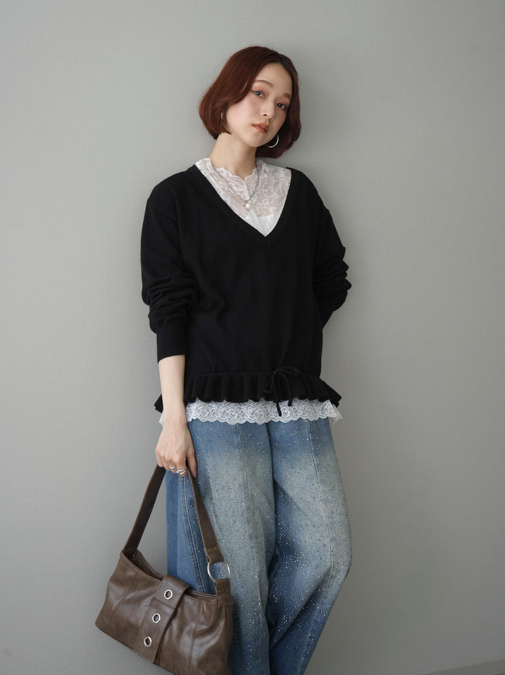 [SET]レーストップ＆フリルニットアンサンブル+フロントビジューカーブデニムパンツ(2set)