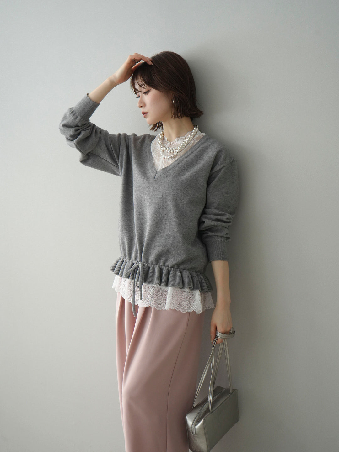 [予約]レーストップ＆フリルニットアンサンブル/gray
