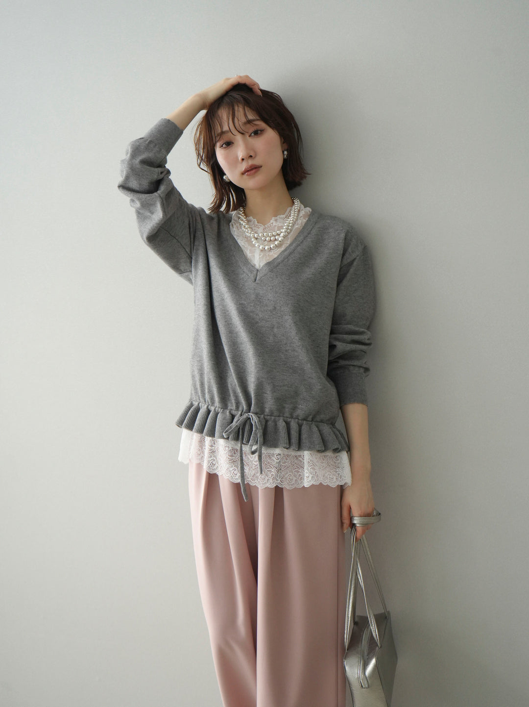 [予約]レーストップ＆フリルニットアンサンブル/gray