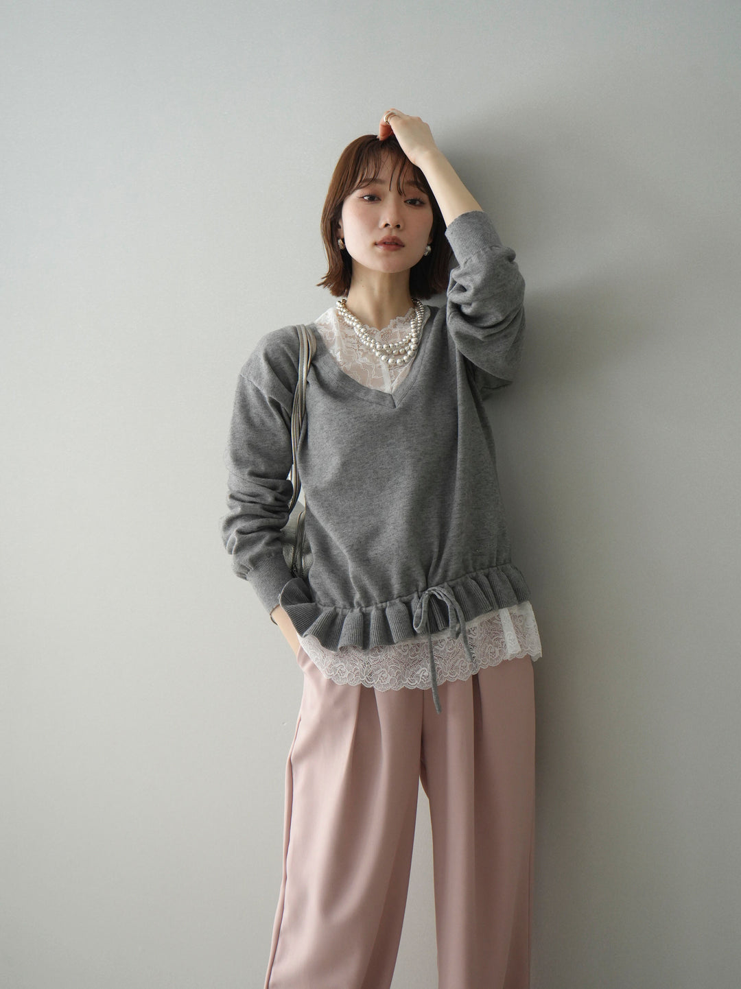 [予約]レーストップ＆フリルニットアンサンブル/gray