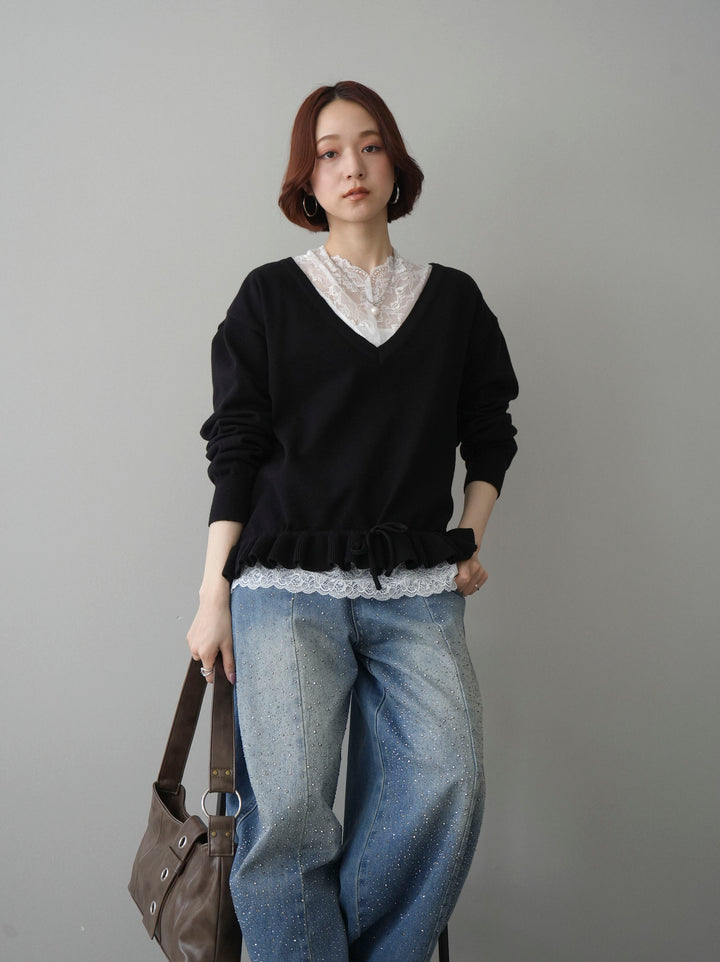 [SET]レーストップ＆フリルニットアンサンブル+フロントビジューカーブデニムパンツ(2set)