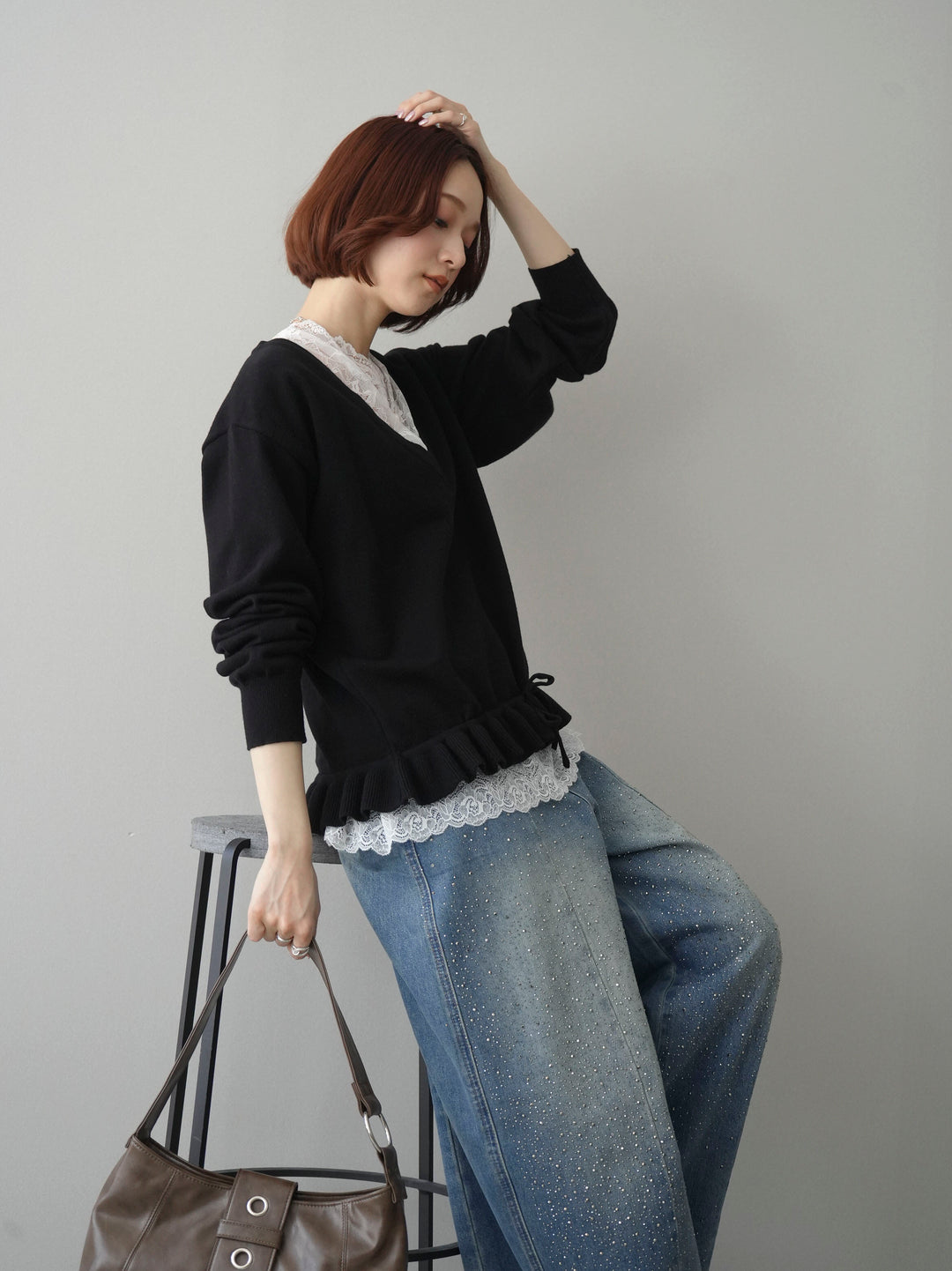 [SET]レーストップ＆フリルニットアンサンブル+フロントビジューカーブデニムパンツ(2set)