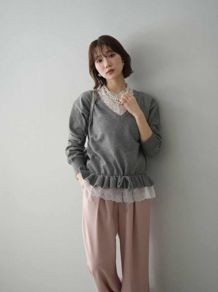 [SET]レーストップ＆フリルニットアンサンブル+ベルト付キーホルダーモチーフワイドパンツ(2set)