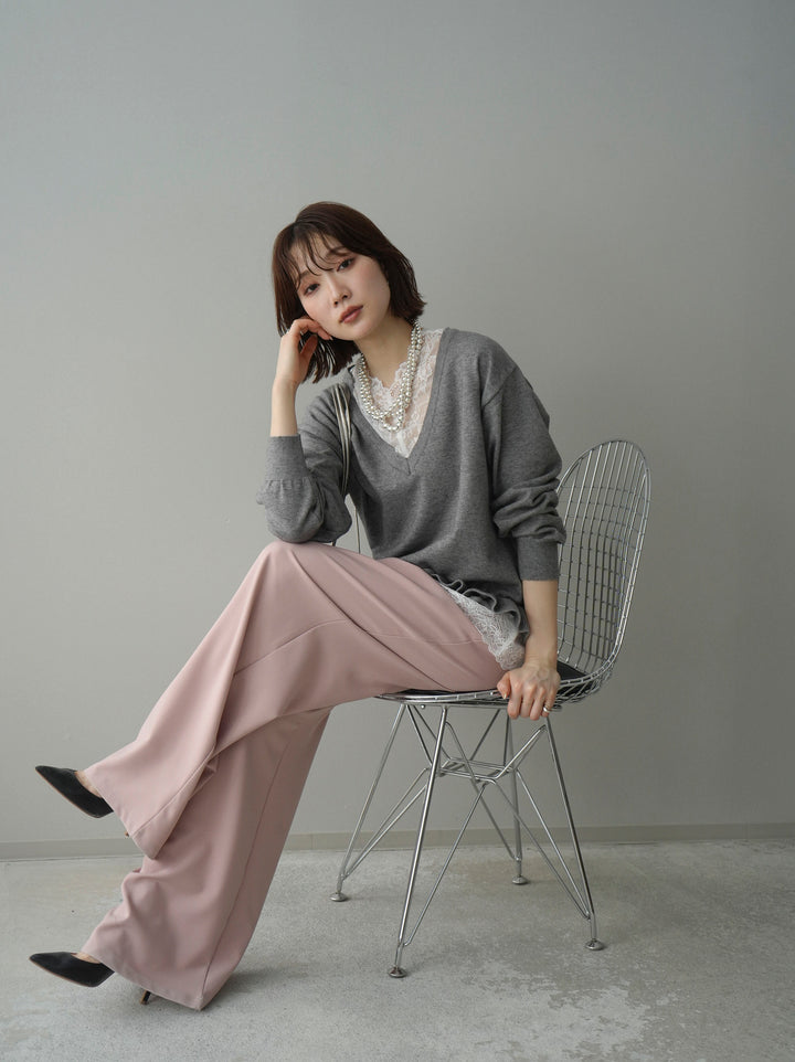 [予約]レーストップ＆フリルニットアンサンブル/gray