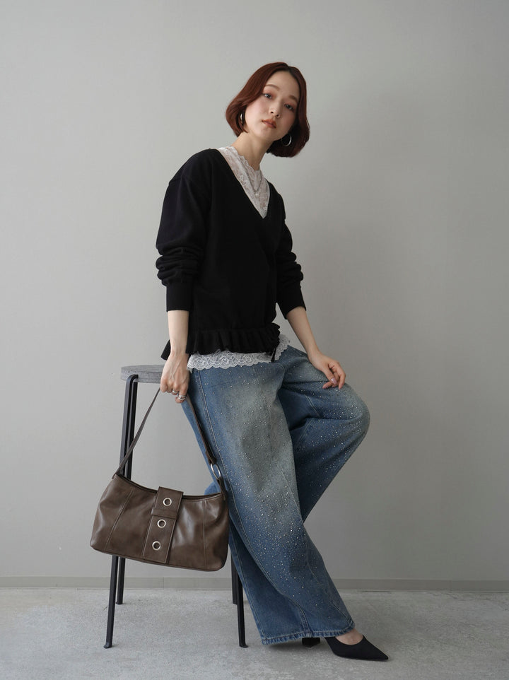[SET]レーストップ＆フリルニットアンサンブル+フロントビジューカーブデニムパンツ(2set)