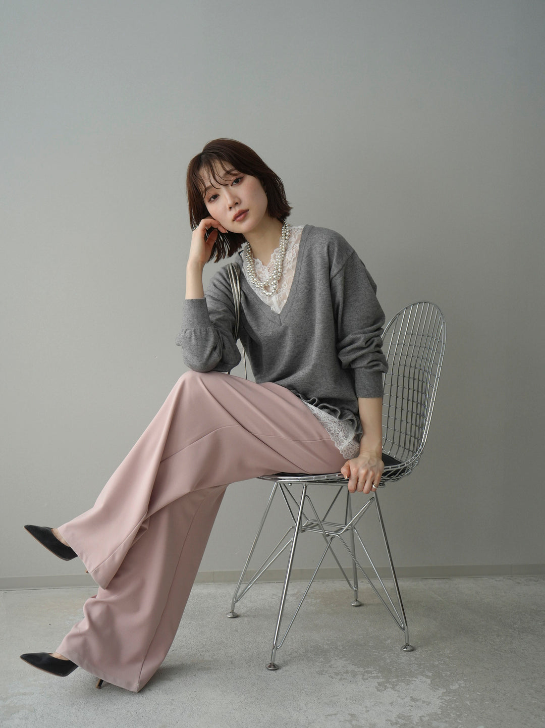 [SET]レーストップ＆フリルニットアンサンブル+ベルト付キーホルダーモチーフワイドパンツ(2set)