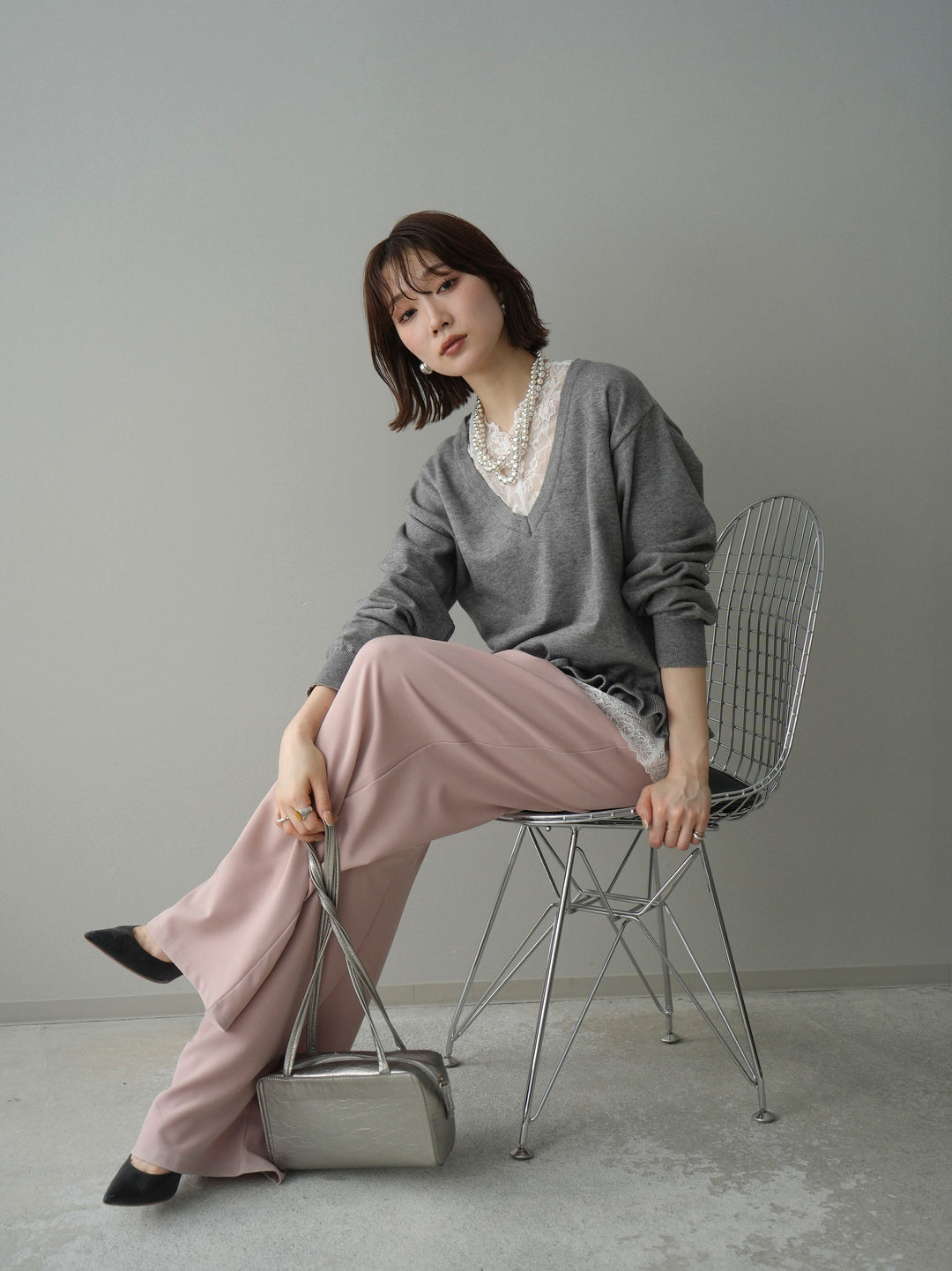 [予約]レーストップ＆フリルニットアンサンブル/gray