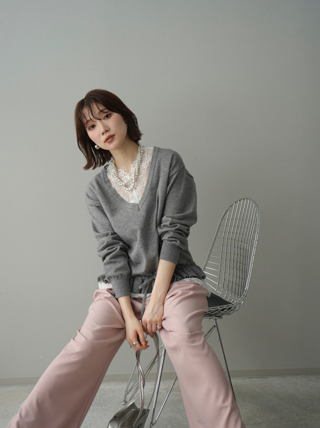 [予約]レーストップ＆フリルニットアンサンブル/gray