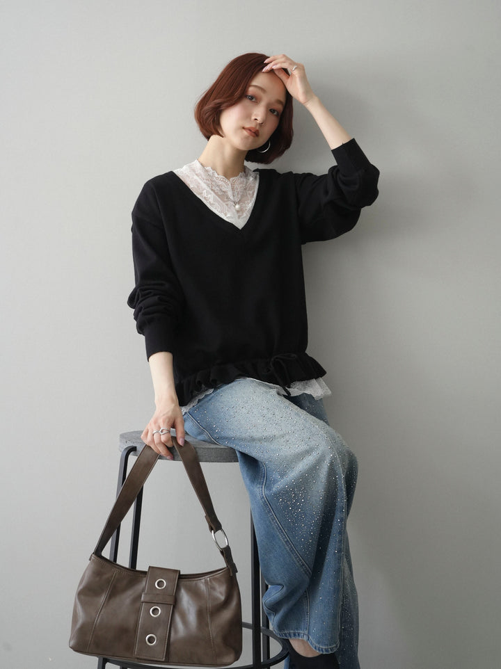 [SET]レーストップ＆フリルニットアンサンブル+選べるアクセセット(2set)