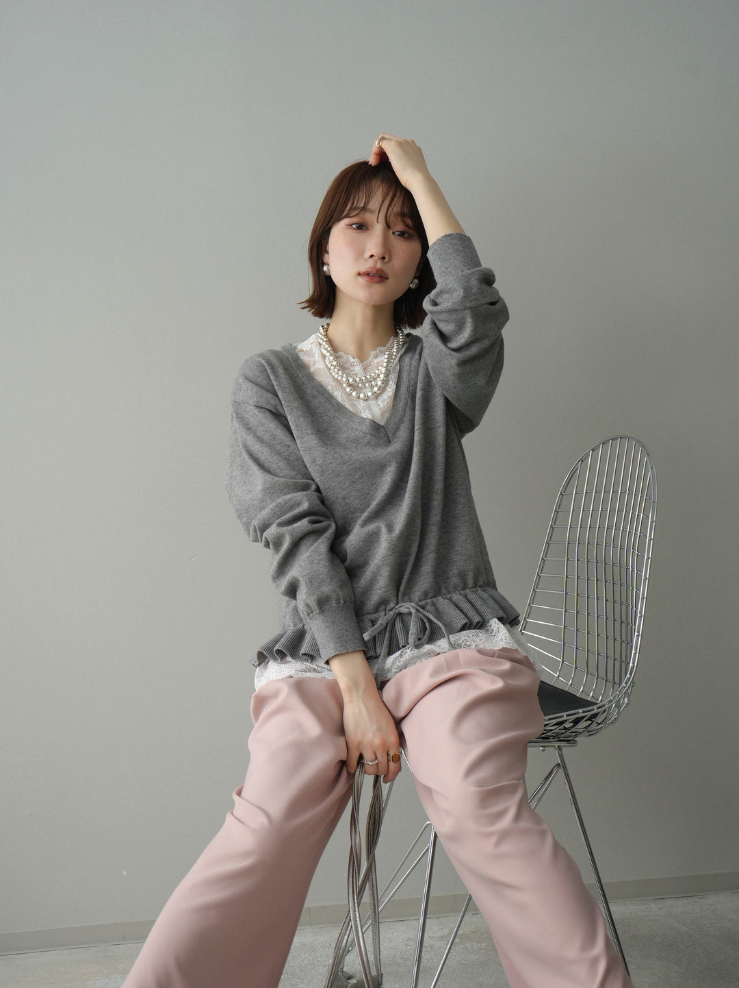 [予約]レーストップ＆フリルニットアンサンブル/gray