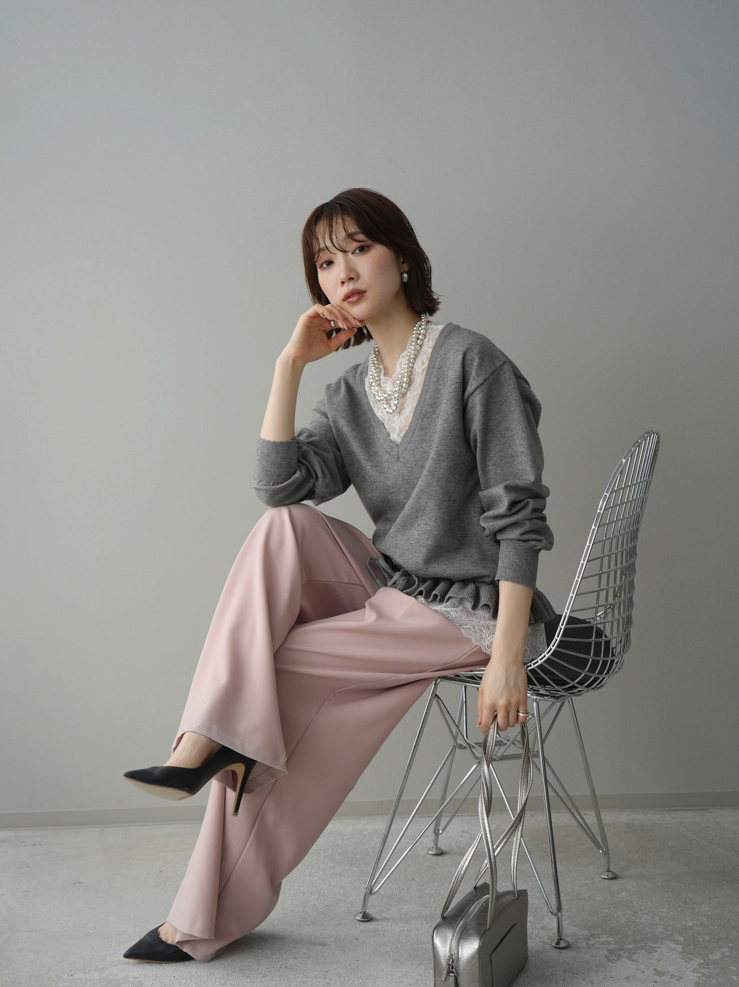 [SET]レーストップ＆フリルニットアンサンブル+選べるアクセセット(2set)