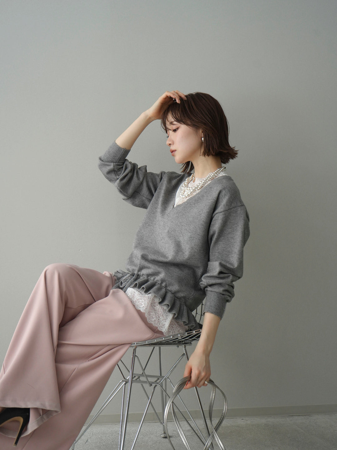 [予約]レーストップ＆フリルニットアンサンブル/gray