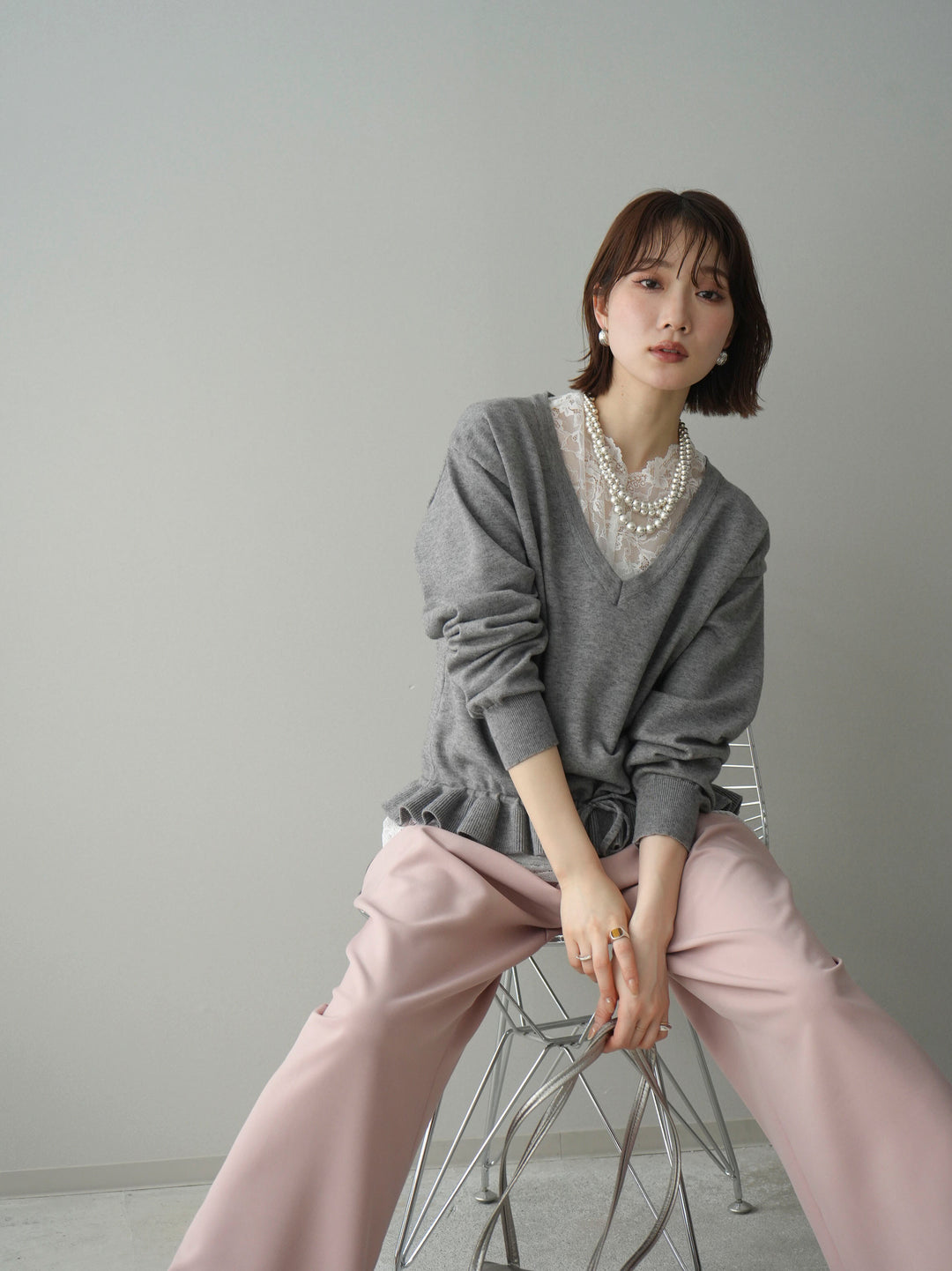 [予約]レーストップ＆フリルニットアンサンブル/gray