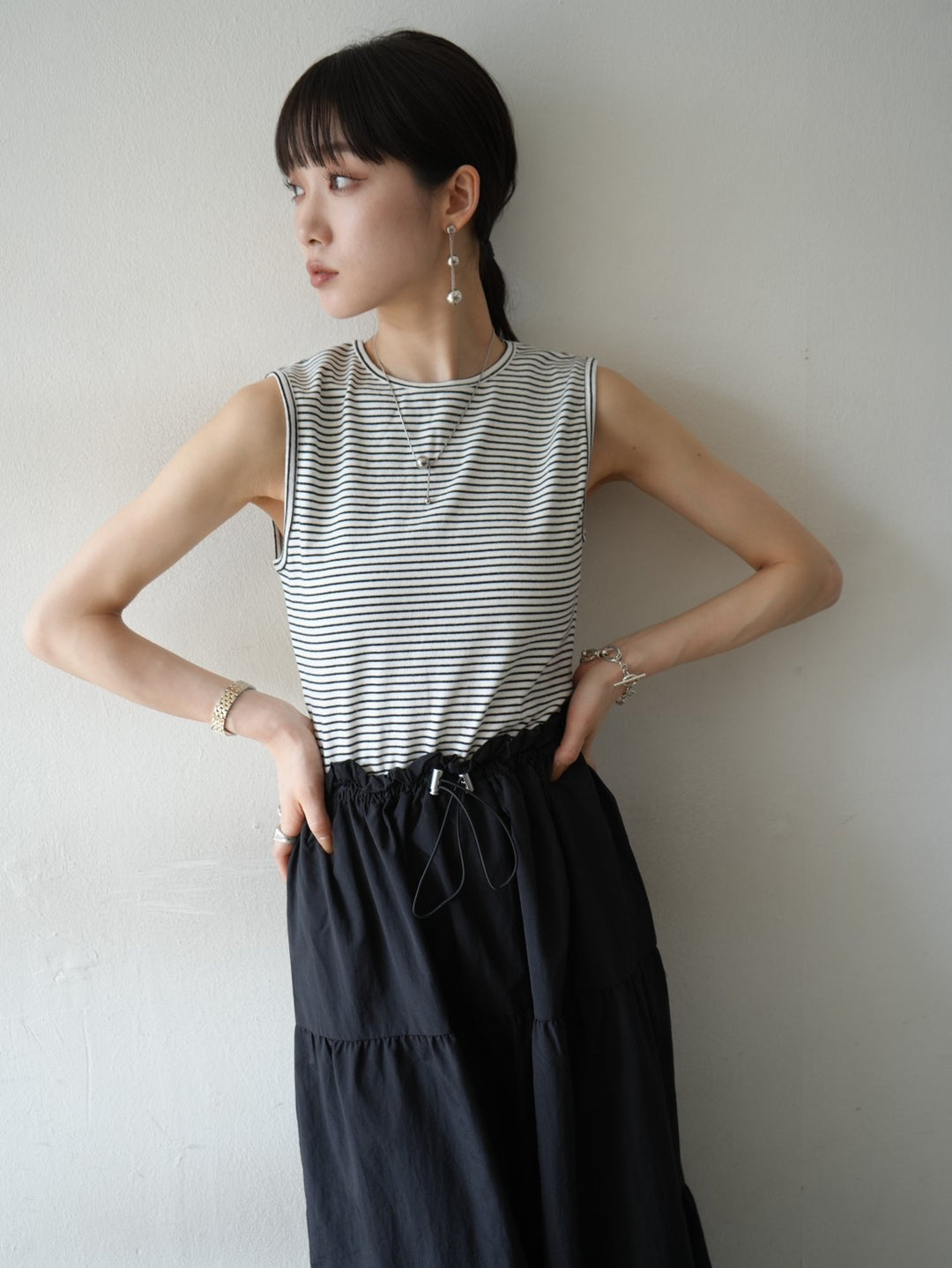 [Pre-order] Drawstring nylon tiered dress/off-white x striped