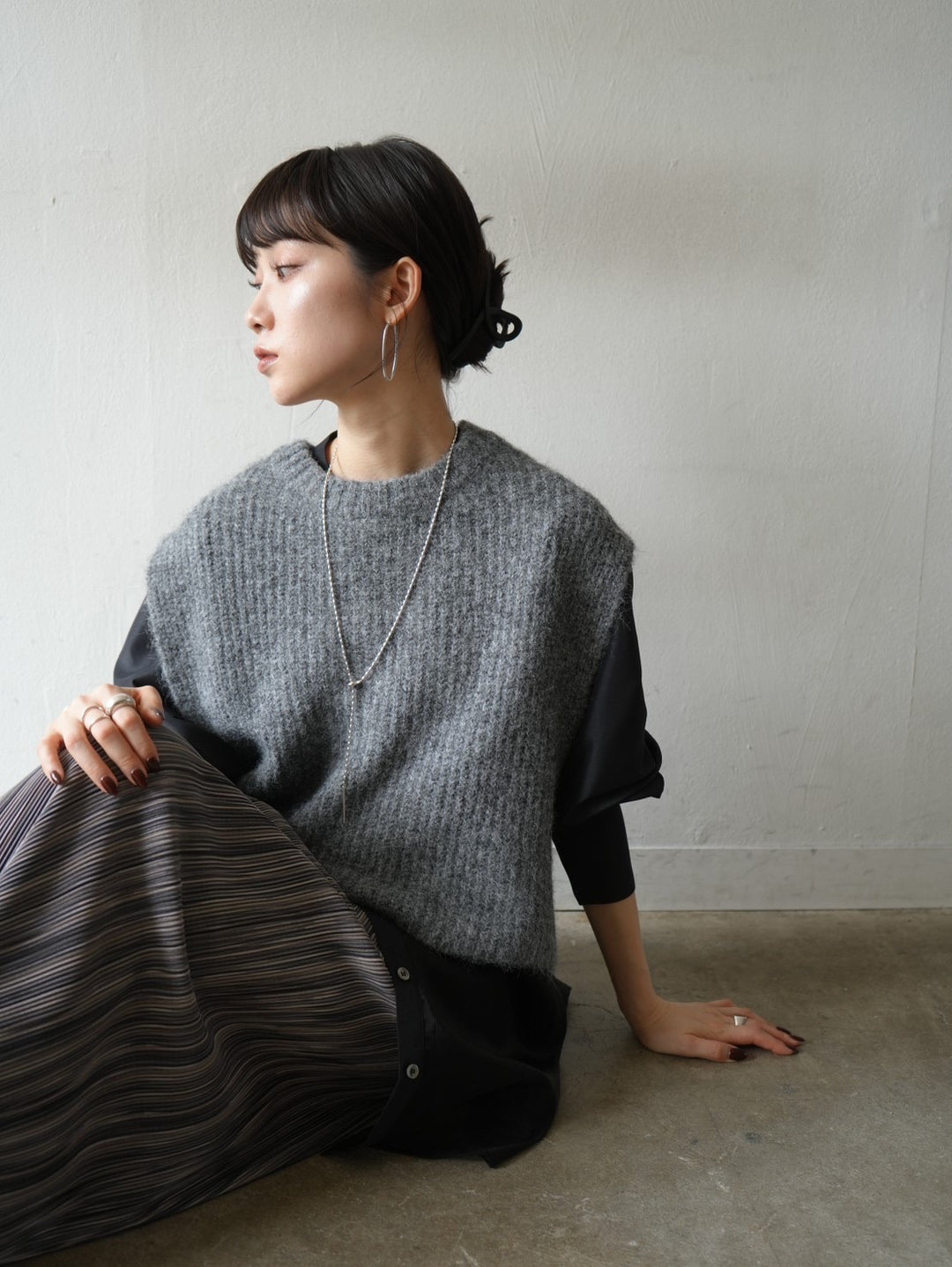 [Pre-order] Wool blend design knit vest/gray