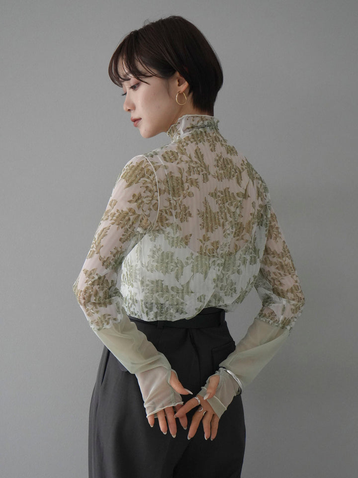 [Pre-order] Sleeve-switched flower print tulle top/beige