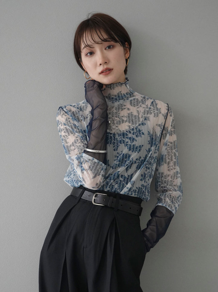 [Pre-order] Sleeve-switched flower print tulle top/blue