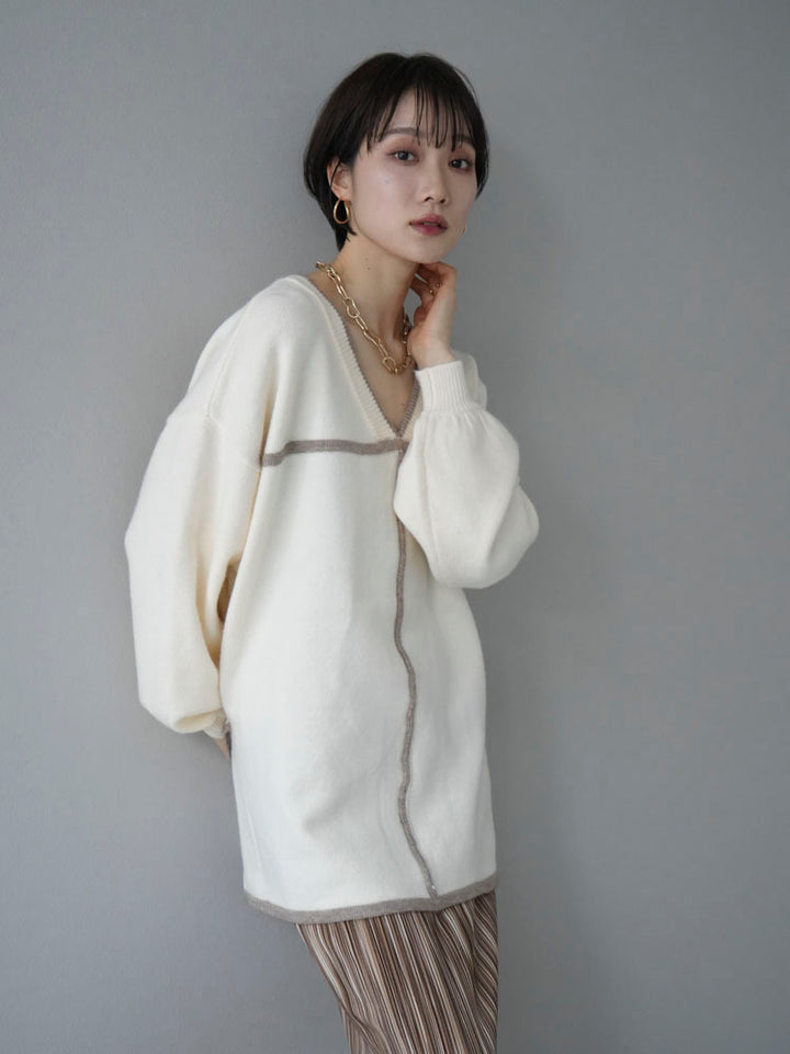 [Pre-order] Color-blocked piping 2-way knit pullover/ivory