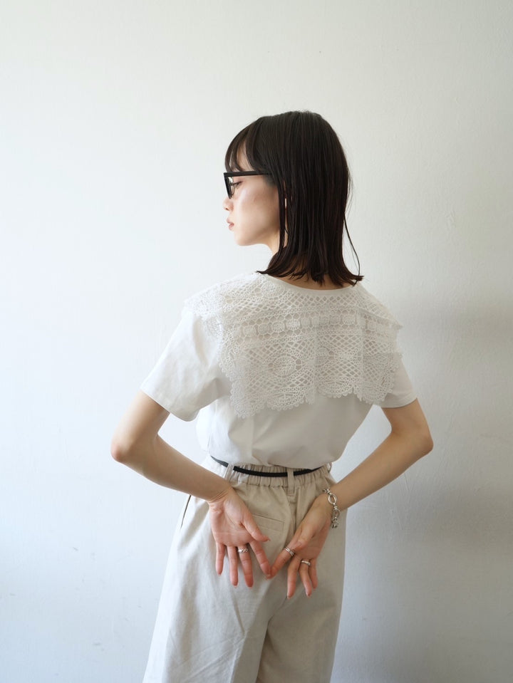 [予約]かぎ編みセーラーカラーTシャツ/ホワイト