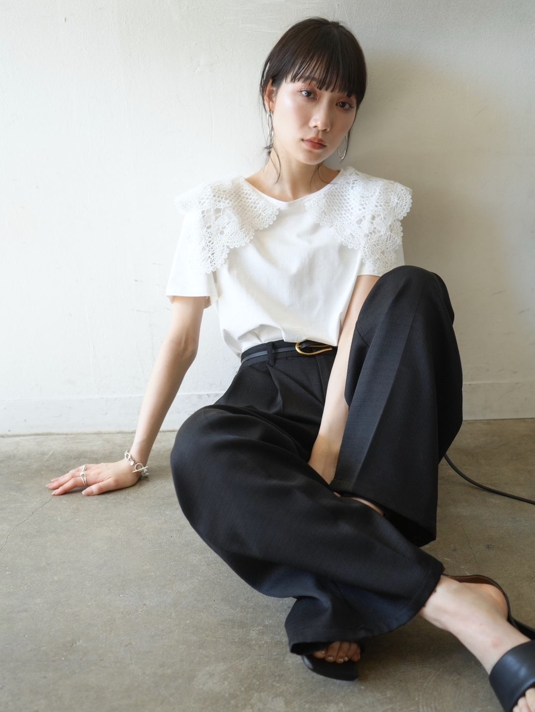 [予約]かぎ編みセーラーカラーTシャツ/ホワイト