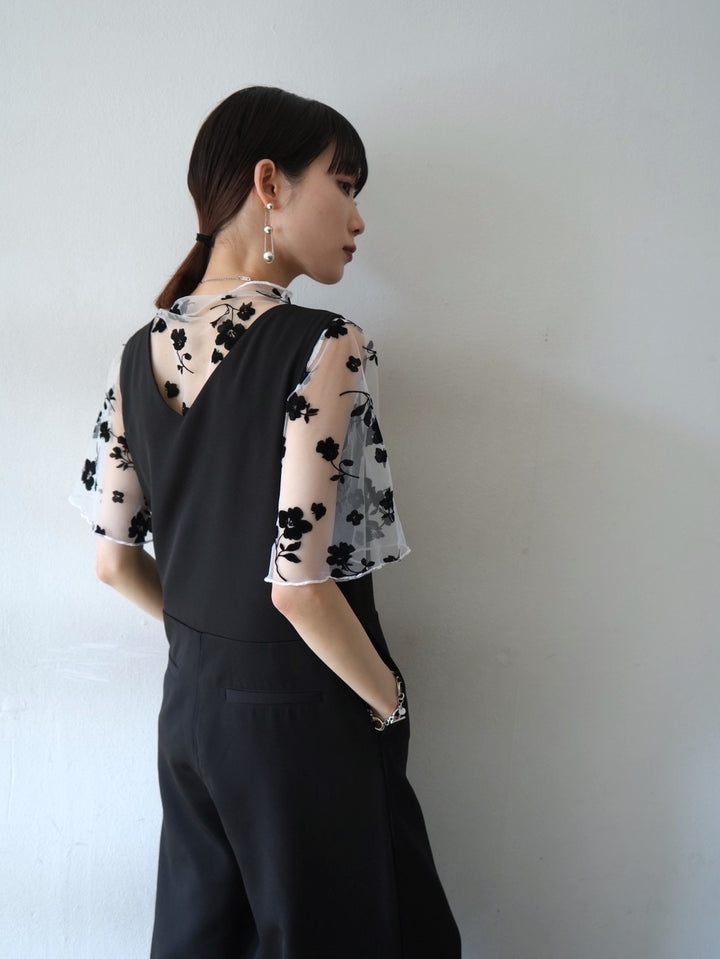 [Ready to ship] Flower flocked sheer half sleeve top/ivory