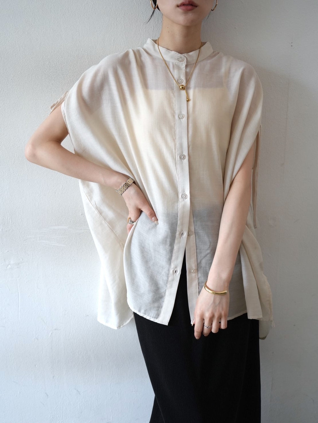 [Pre-order] Band collar shirred sleeve shirt/light beige