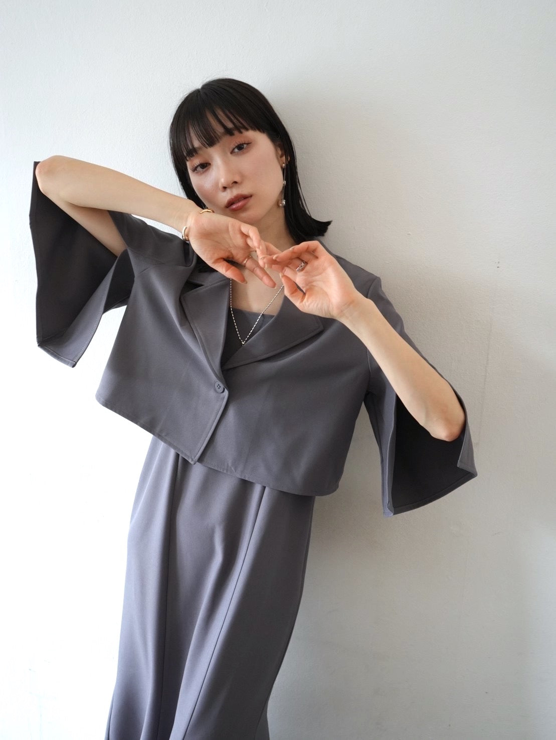 【新品】 袖スリットマーメイドワンピース グレー　36 ストラップマーメイドワンピース/グレー – Lumier