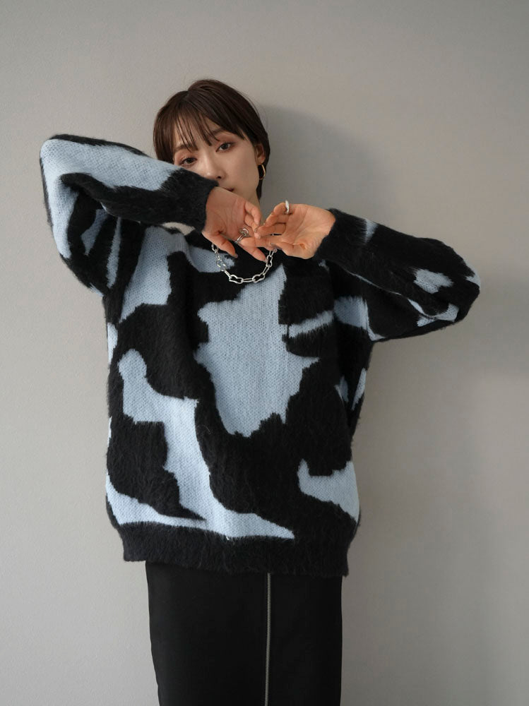 予約]ランダムデザインシャギーニットプルオーバー/ブルーxブラック