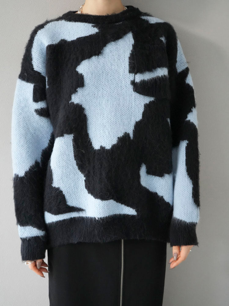 [Pre-order] Random design shaggy knit pullover/blue x black