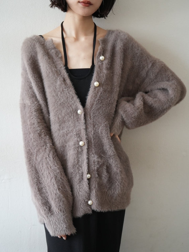 [Pre-order] Pearl button shaggy knit cardigan/mocha