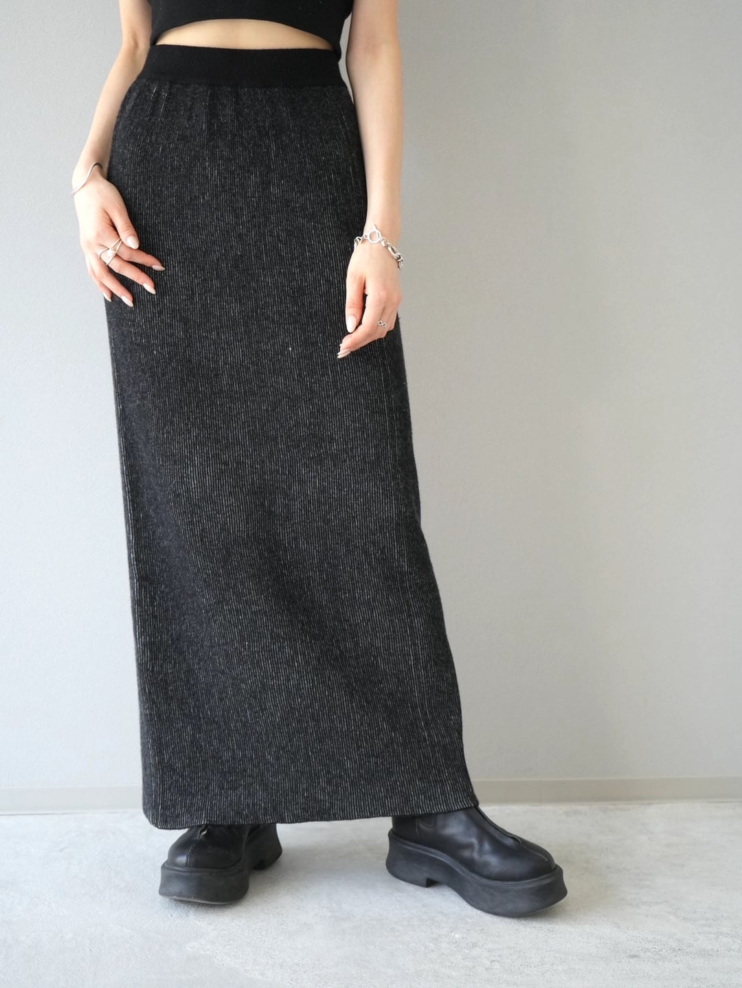 [予約]リバーシブル配色リブニットタイトスカート/ブラック