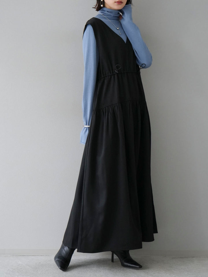 【預訂】V領下垂疊層連身裙/黑色