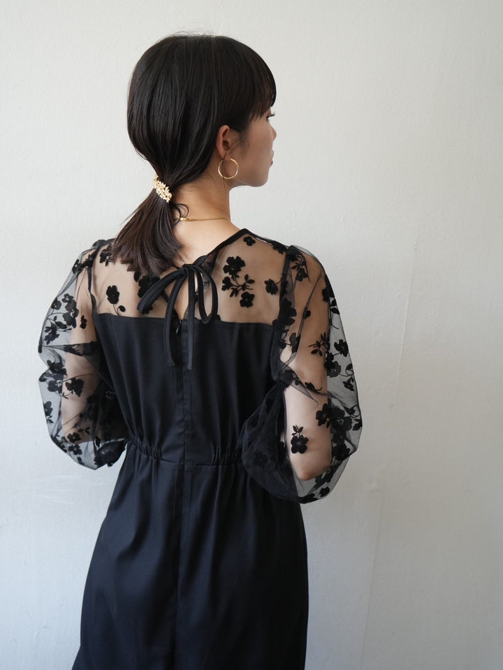 [Pre-order] Flower Flocked Layered Dress/Black