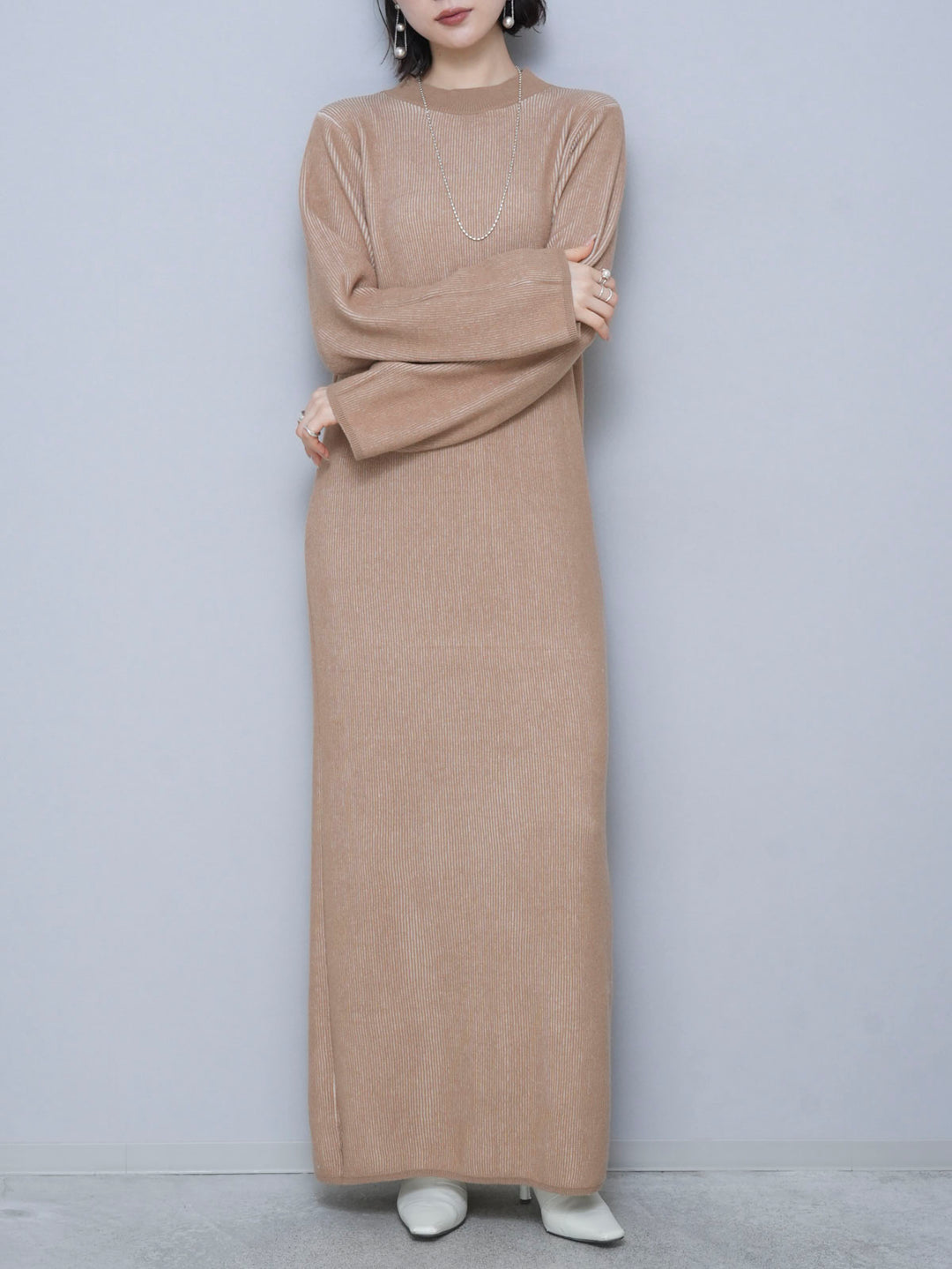 [Pre-order] Reversible color-coordinated ribbed knit dress/ivory x beige