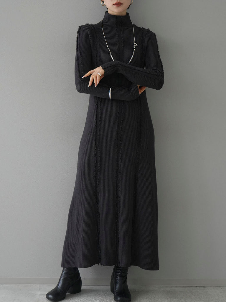 予約]フリンジリブニットワンピース/チャコール – Lumier
