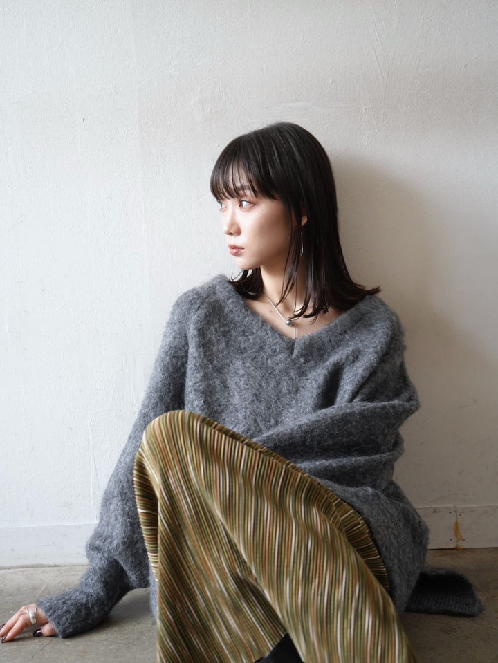 [Mix and match set] [SET] Oversized mohair knit pullover + hand-stitched color combination oversized knit pullover + multicolor I-line pleated skirt (3 sets)