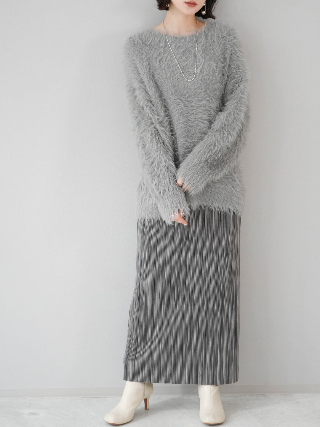 [SET] Crew neck shaggy knit + multi-color I-line pleated skirt (2 sets)