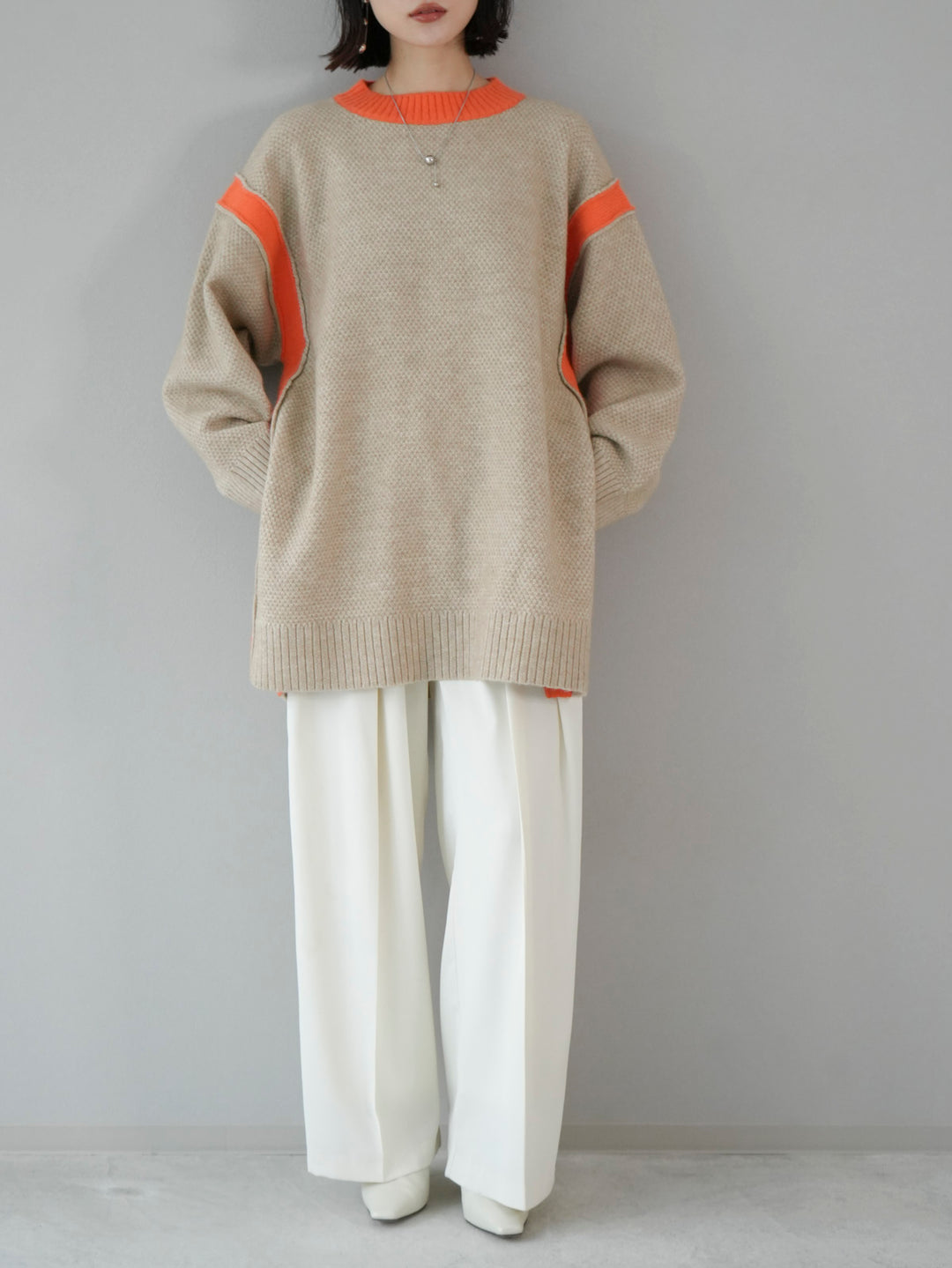 [SET] Side slit bicolor over knit + bicolor knit dress (2set)