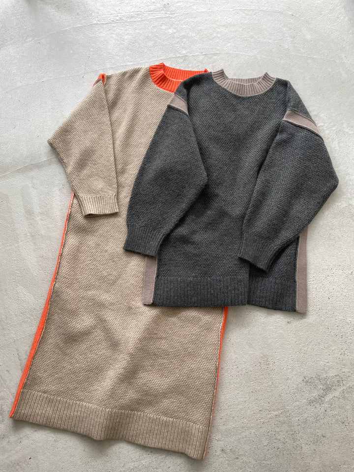 [SET] Side slit bicolor over knit + bicolor knit dress (2set)