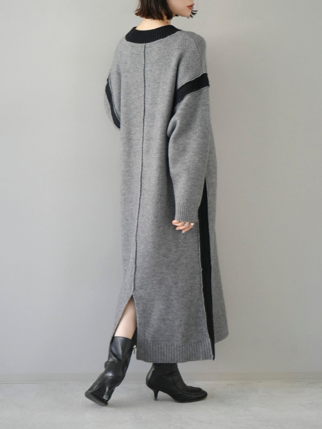 [SET] Side slit bicolor over knit + bicolor knit dress (2set)