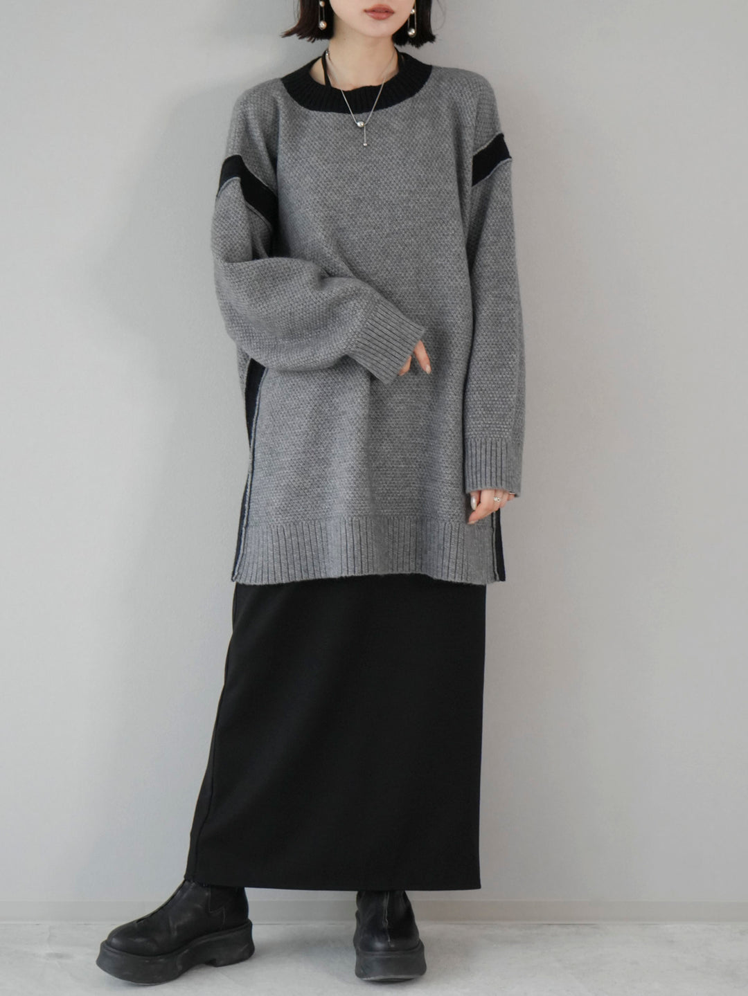 [SET] Side slit bicolor over knit + bicolor knit dress (2set)