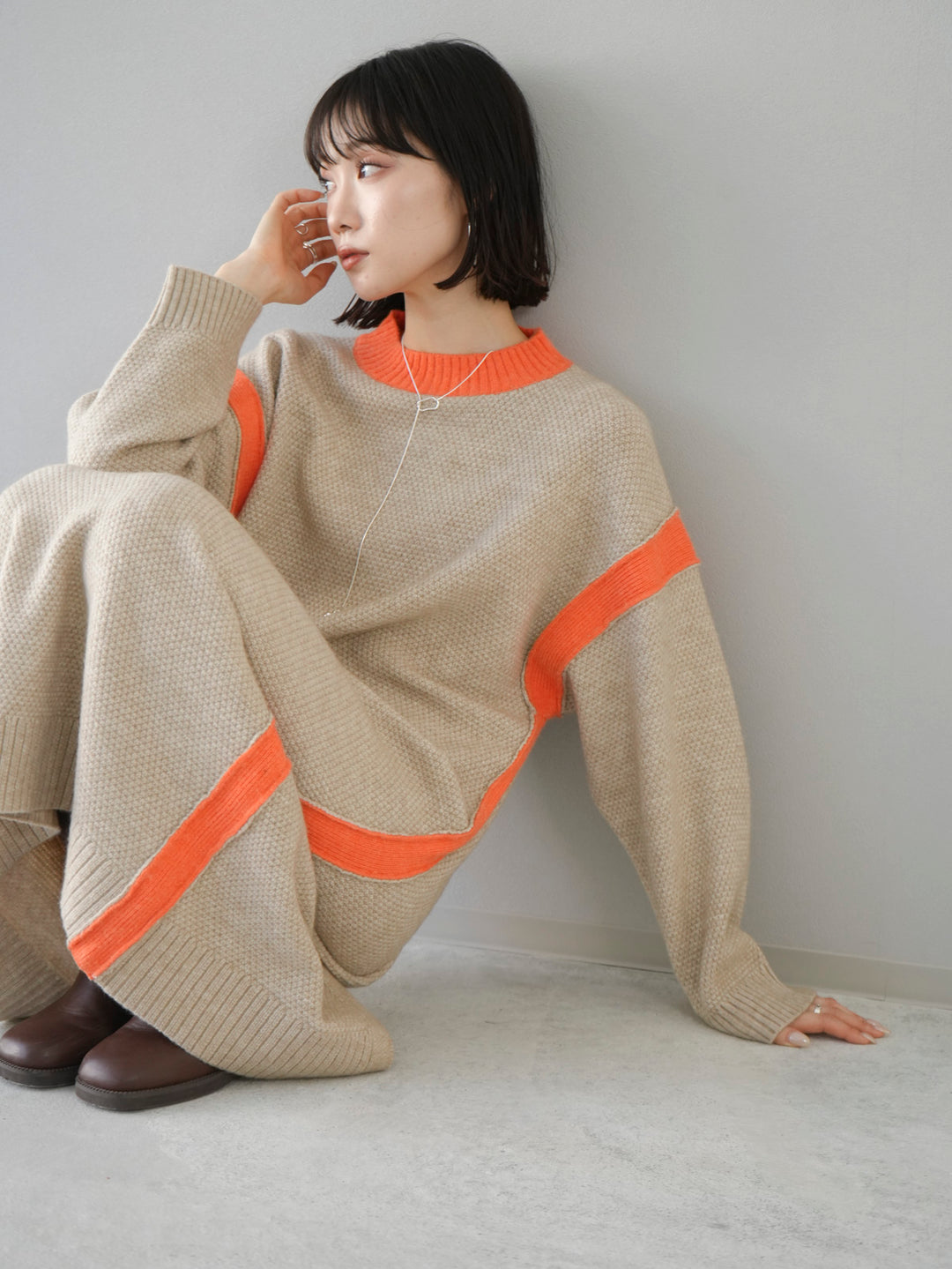 [SET] Side slit bicolor over knit + bicolor knit dress (2set)